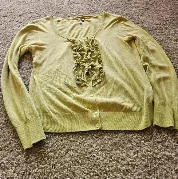 Caslon 100% Cotton Brat Green Lacey Ruffle Front Cardigan, Size Medium - Picture 2 of 6